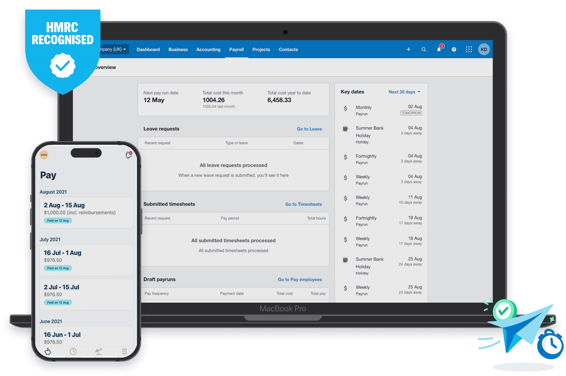 Payroll software dashboard on laptop and mobile showing pay runs, leave requests, and key dates, with HMRC recognition badge.